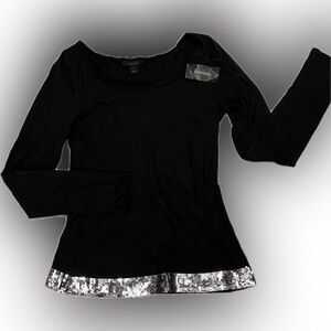 Express Fitted Long-Sleeve Black Shirt w/Silver Sequins Size S Winter Wardrobe